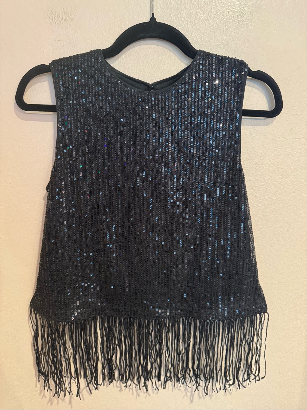 Quiet Luxury Glamorous Grace Karin Black Sequin Fringe Crop Top Party/Formal Fun